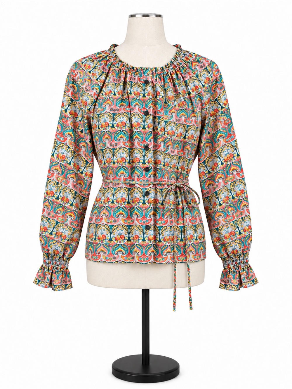 J.Crew Liberty Floral Paisley Button Front Tie Waist Blouse L Coral Blue NWT